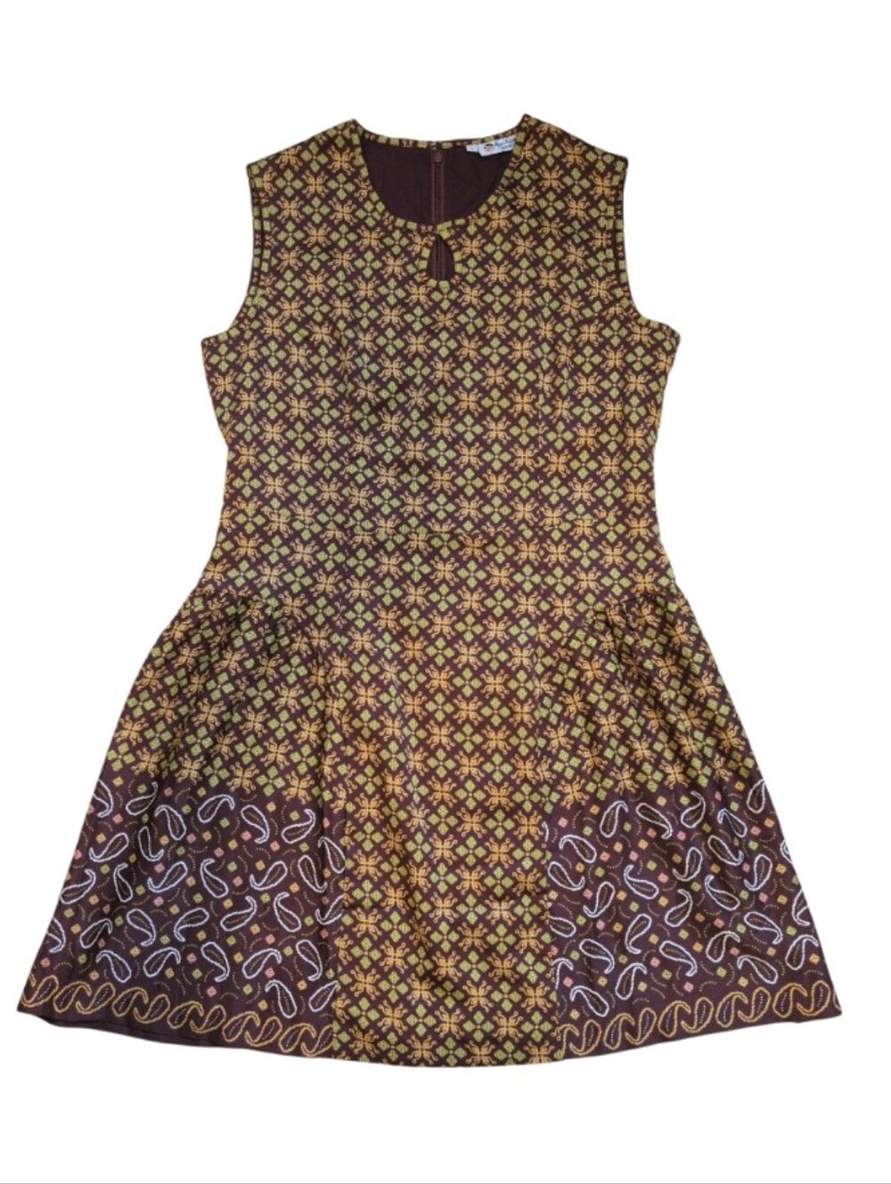 Sleeveless Brown and Olive Patterned A-Line Dress